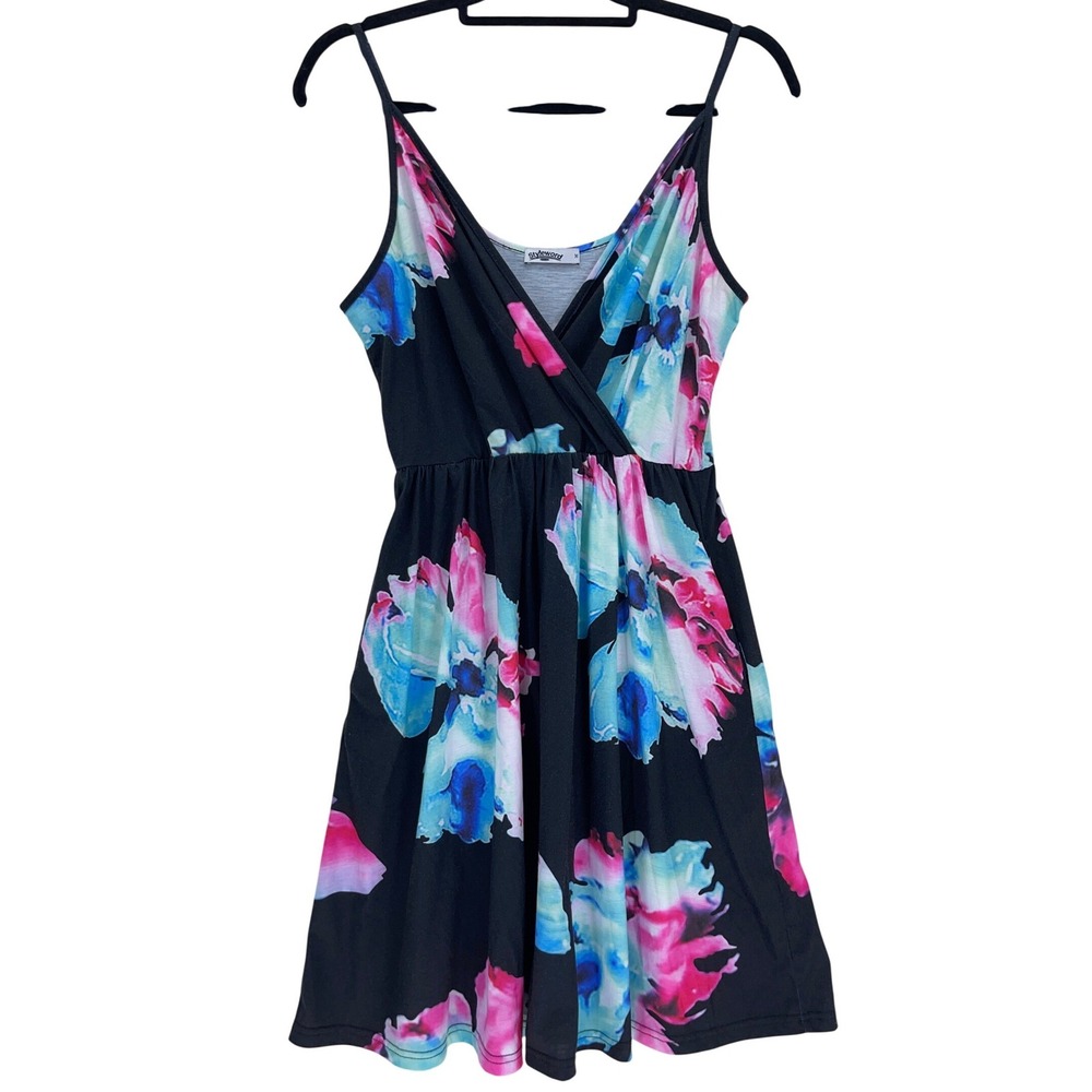 Styleword Black Floral V-Neck Sun Dress Size Medium Pockets Adjustable Straps